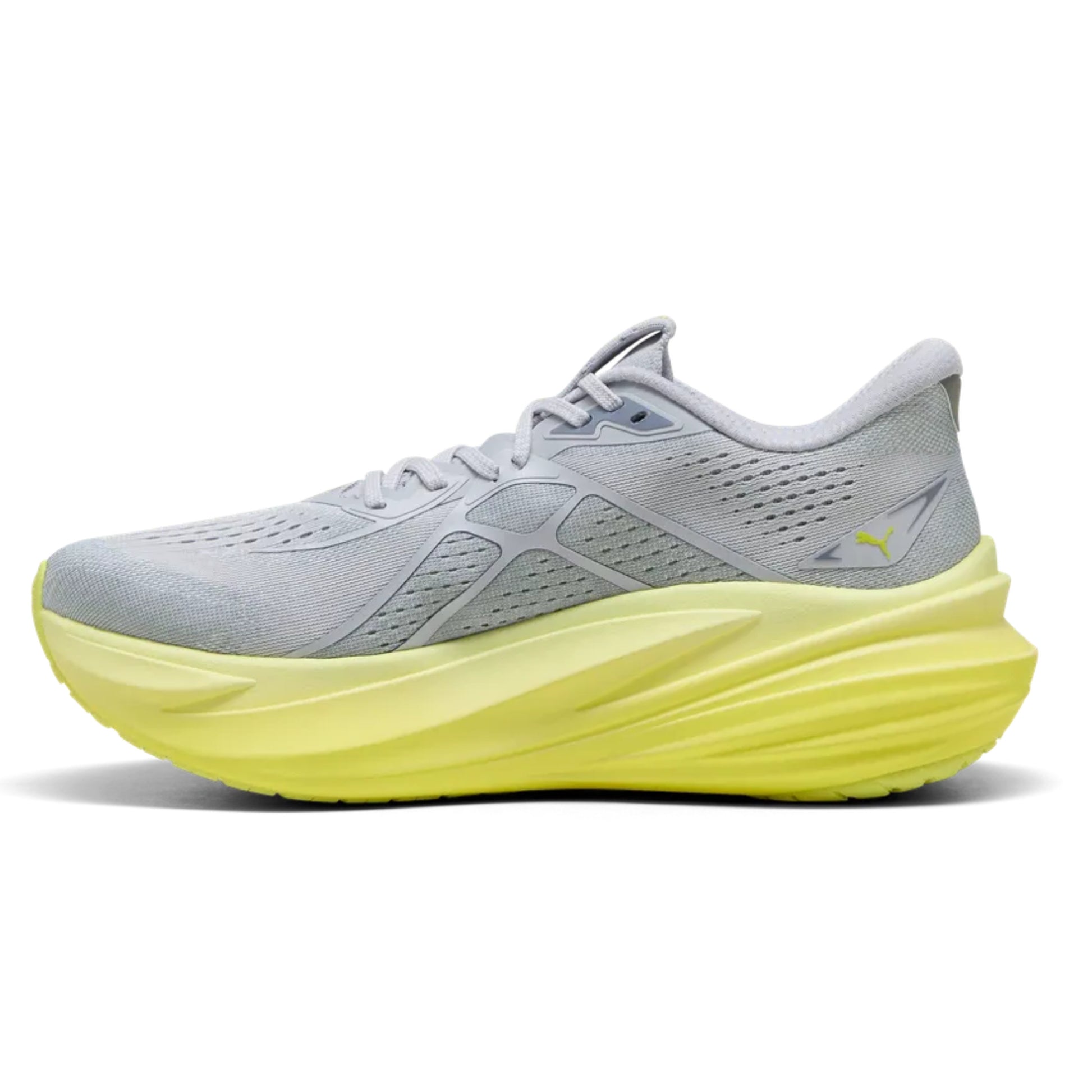Gray and yellow Puma running shoe with a yellow sole on a white background