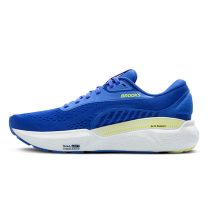 Blue Brooks running shoe with yellow accents on a white background