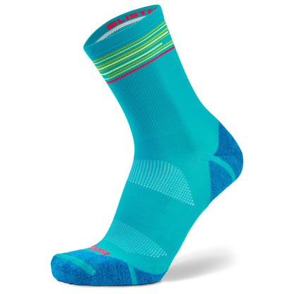 A single athletic crew sock in bright turquoise blue with blue heel and toe sections, featuring lime green and red striped detailing around the ribbed cuff, shown on a white background.
