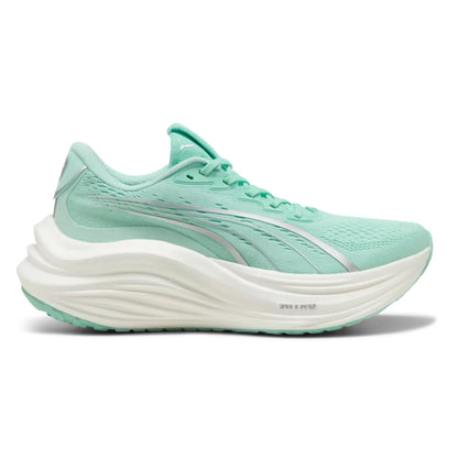 Mint green running shoe with white sole on a white background