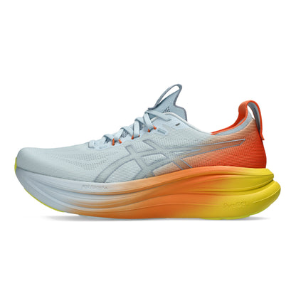 White and orange Asics running shoe with yellow accents on a white background