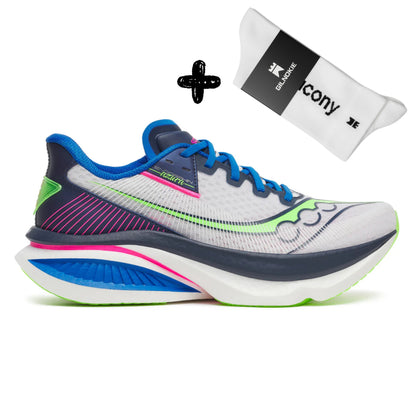 Colorful Saucony running shoe with a free white sock on a white background