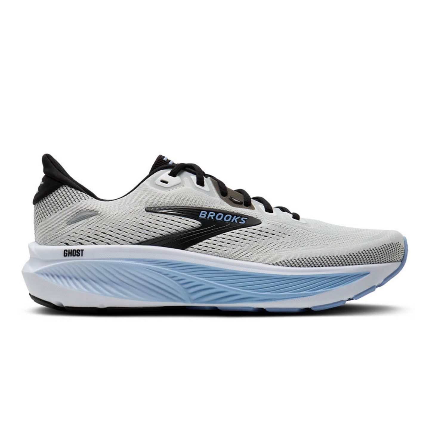 Brooks Ghost running shoe in light gray and white with black and light blue accents, shown from the side on a white background.