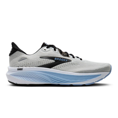 Brooks Ghost running shoe in light gray and white with black and light blue accents, shown from the side on a white background.