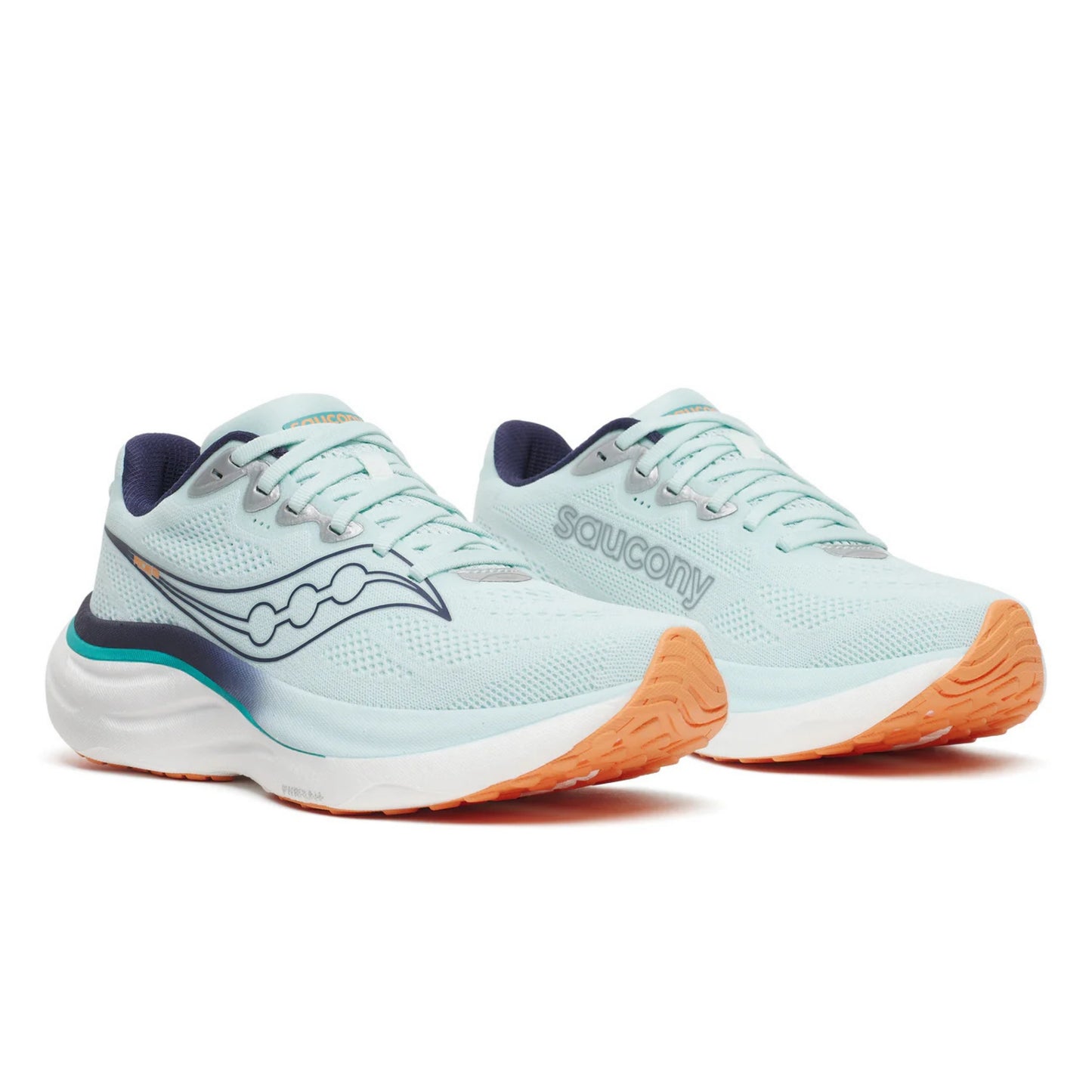 Light blue Saucony running shoe with dark blue accents on a white background
