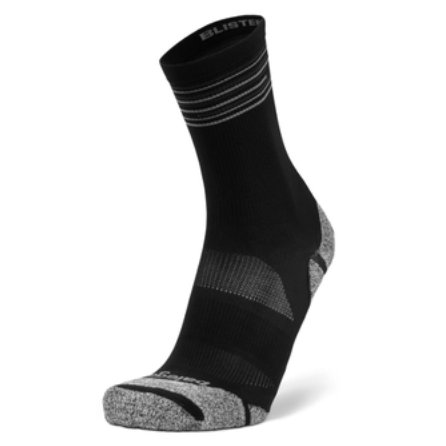 Black and gray sock with visible branding on a white background