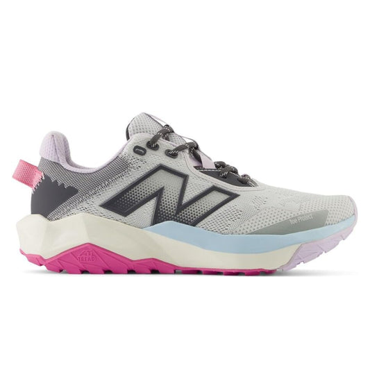 Gray running shoe with pink and blue sole on a white background