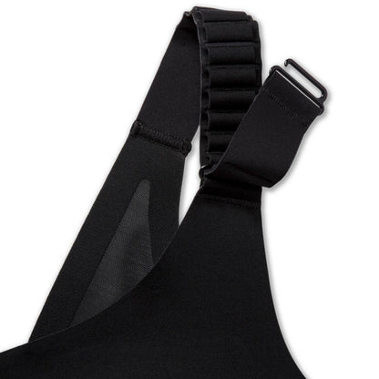 Close-up of a black bra strap with an adjustable elasticized section and a metal hook closure, shown on a plain white background.