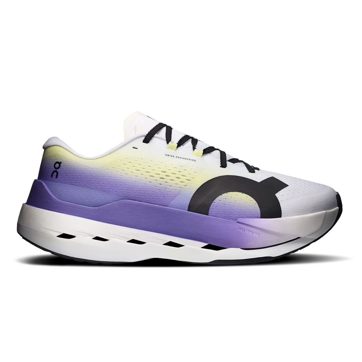 A single On running shoe shown in a side profile on a white background. The shoe features a white and purple gradient upper with a black logo, black laces, and a white and purple midsole.