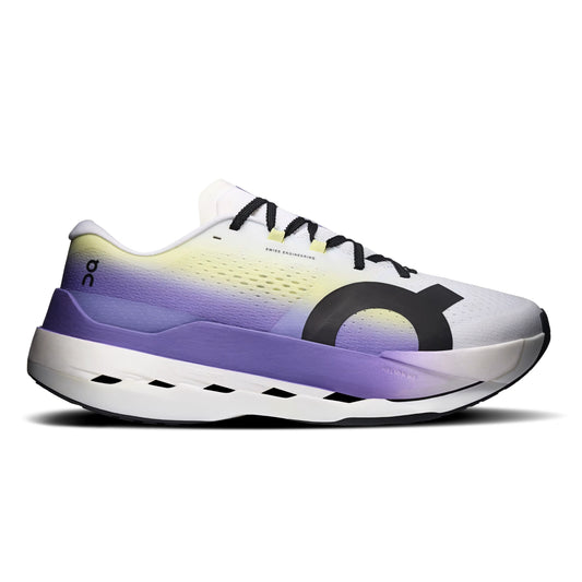 A single On running shoe shown in a side profile on a white background. The shoe features a white and purple gradient upper with a black logo, black laces, and a white and purple midsole.