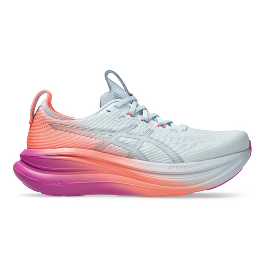 White, coral and pink Asics running shoe on a white background