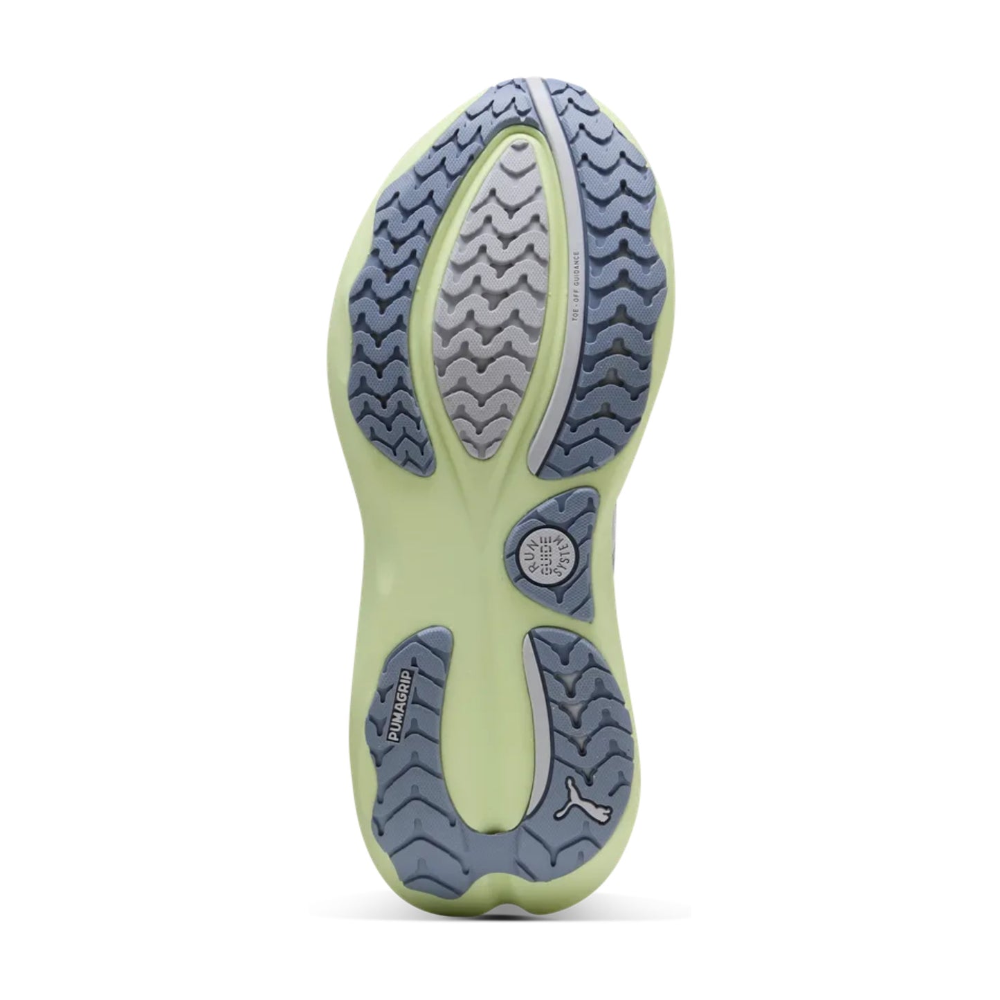 Close-up of a gray Puma shoe sole with tread pattern on a white background