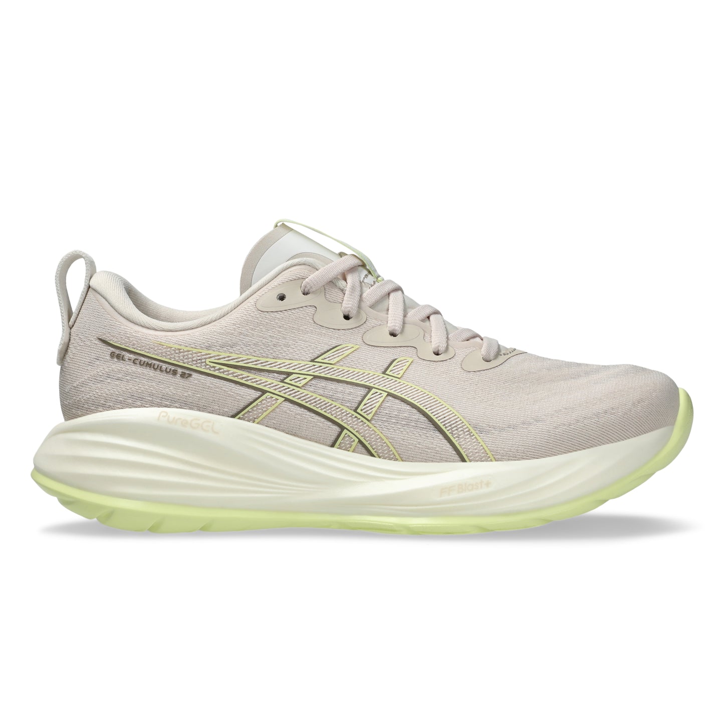 Beige running shoe with green sole on a white background