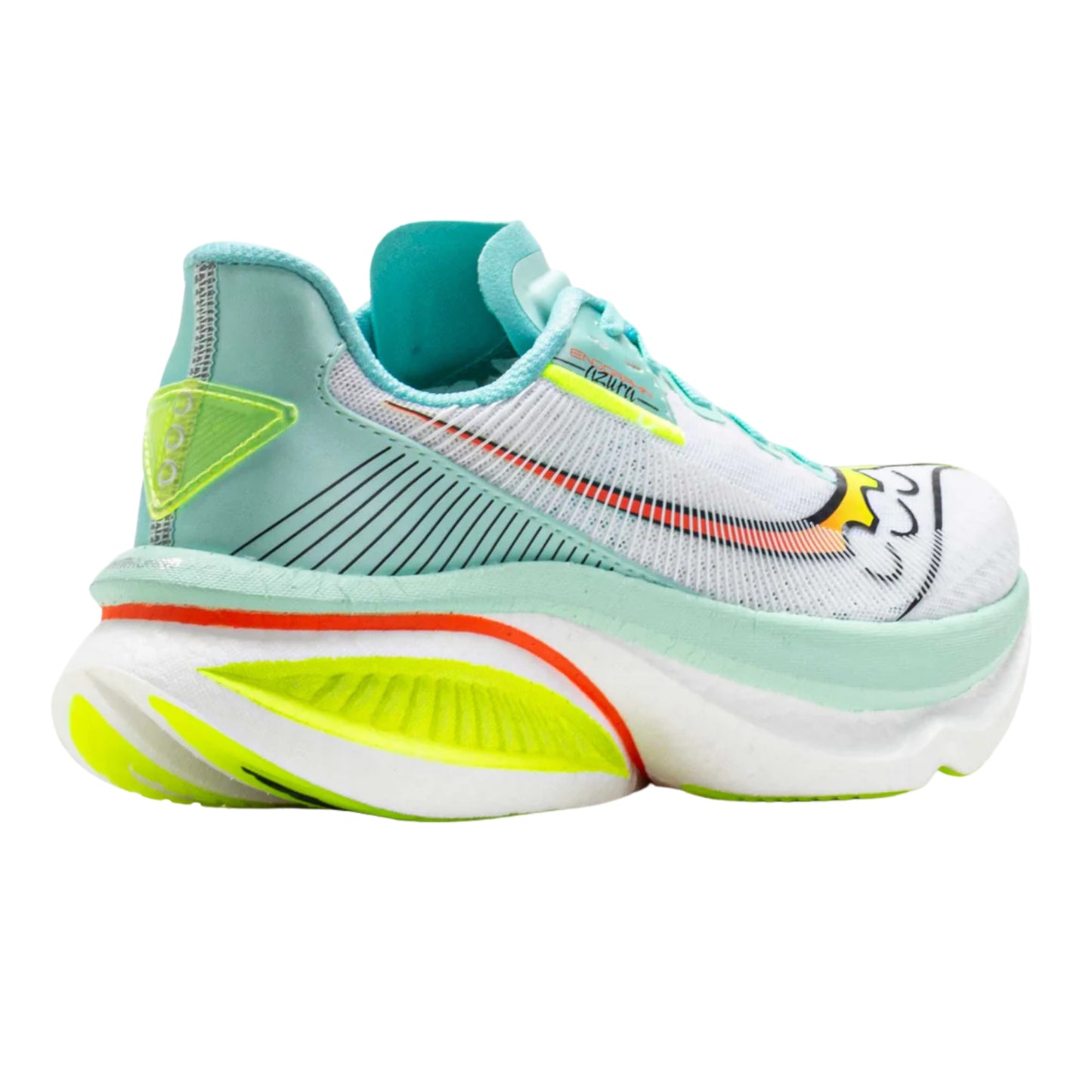 Back view of Turquise and white Saucony running shoe on a white background