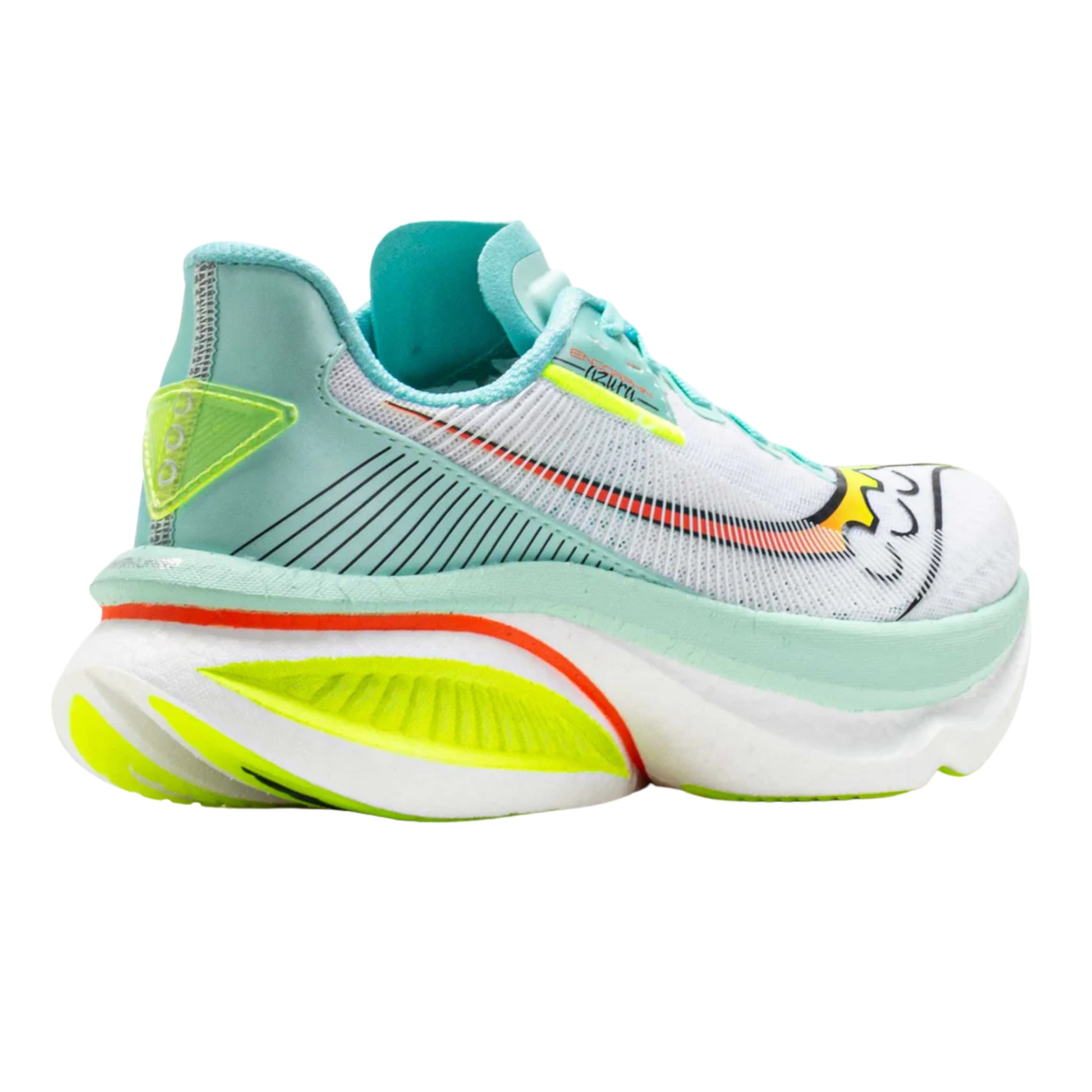 Back view of Turquise and white Saucony running shoe on a white background