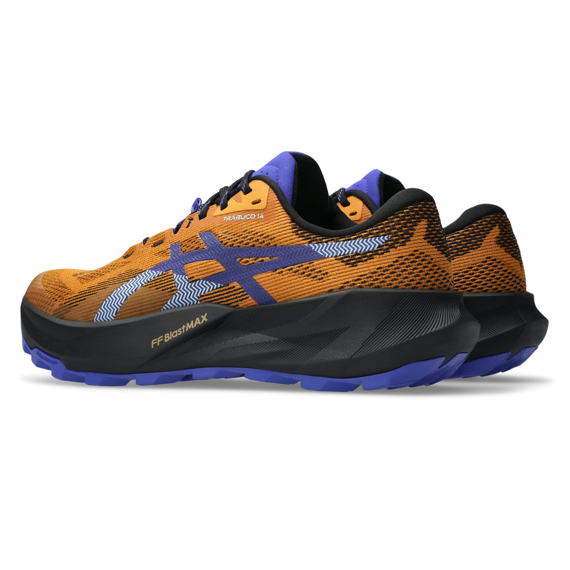 Orange and blue running shoe on a white background