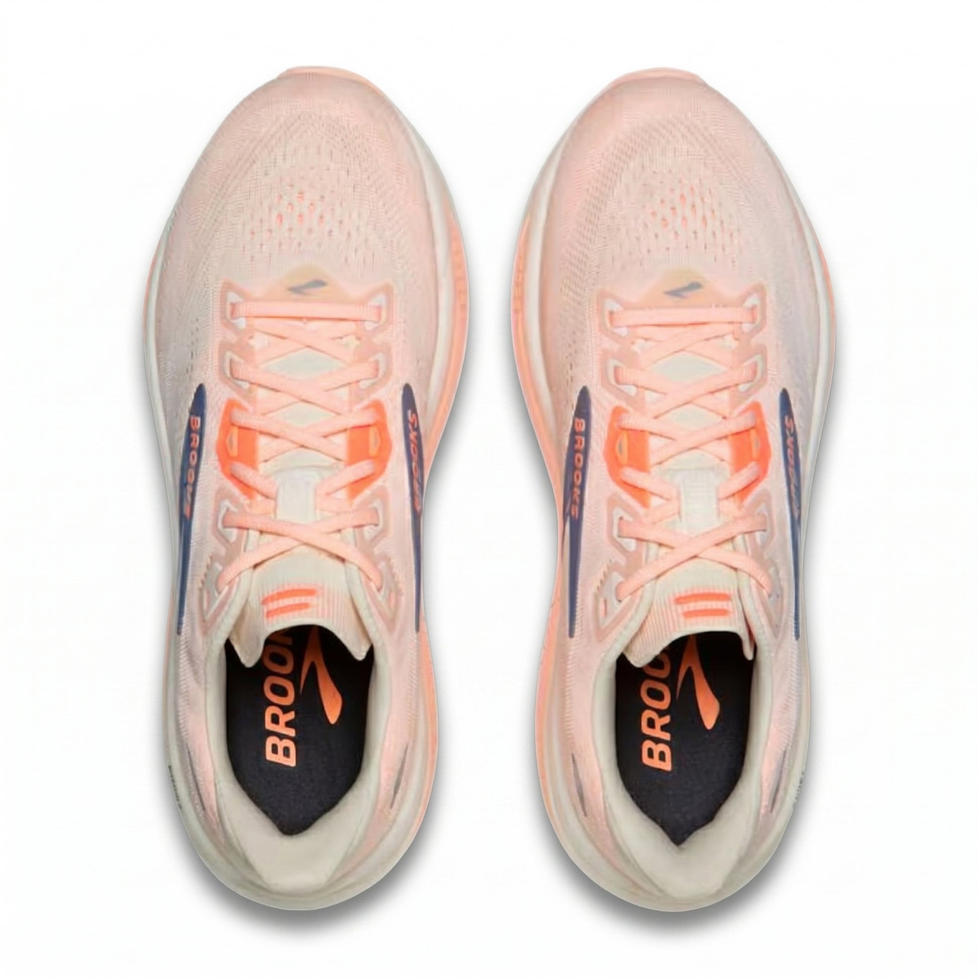 Pair of pink Brooks running shoes with orange accents on a white background