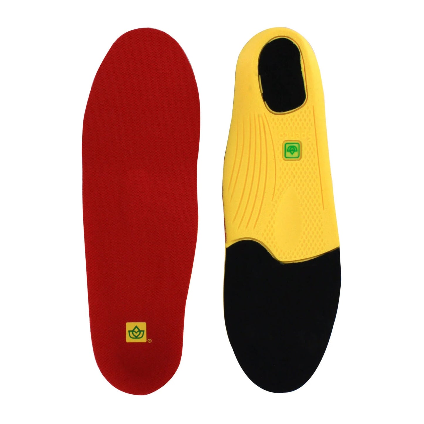 Red, yellow, and black shoe insole on a white background