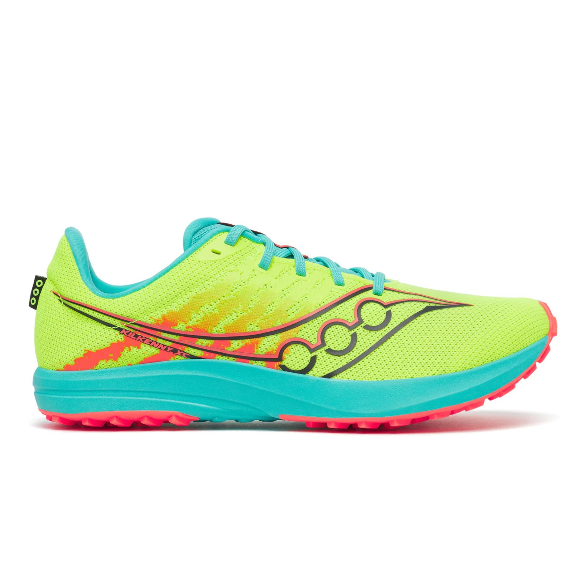 Brightly colored running shoe on a white background