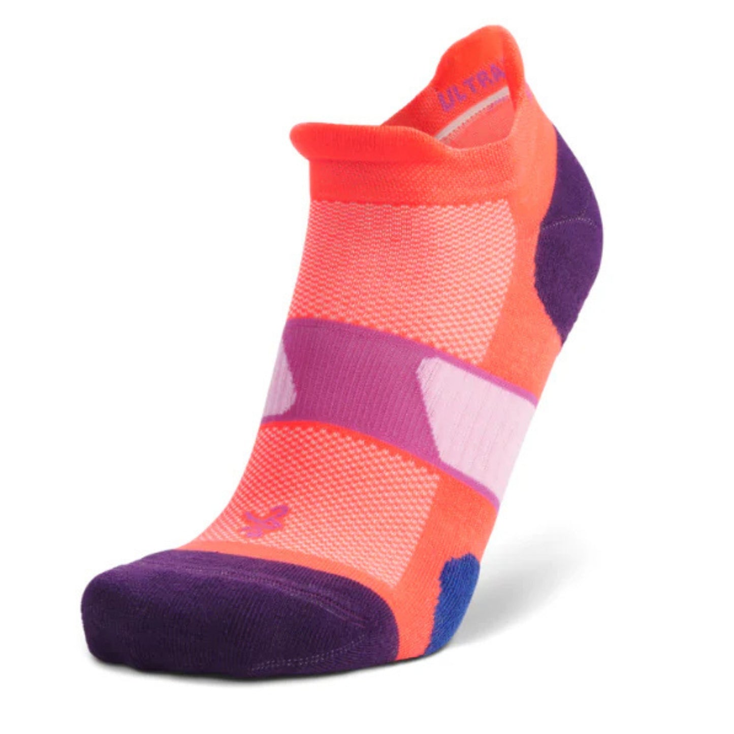 Colorful sock with orange, purple, and pink pattern on a white background