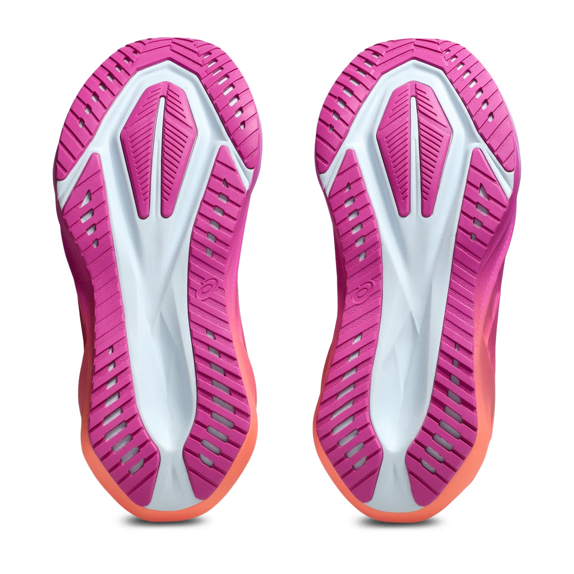 Bottom view pink shoe sole with tread pattern on a white background