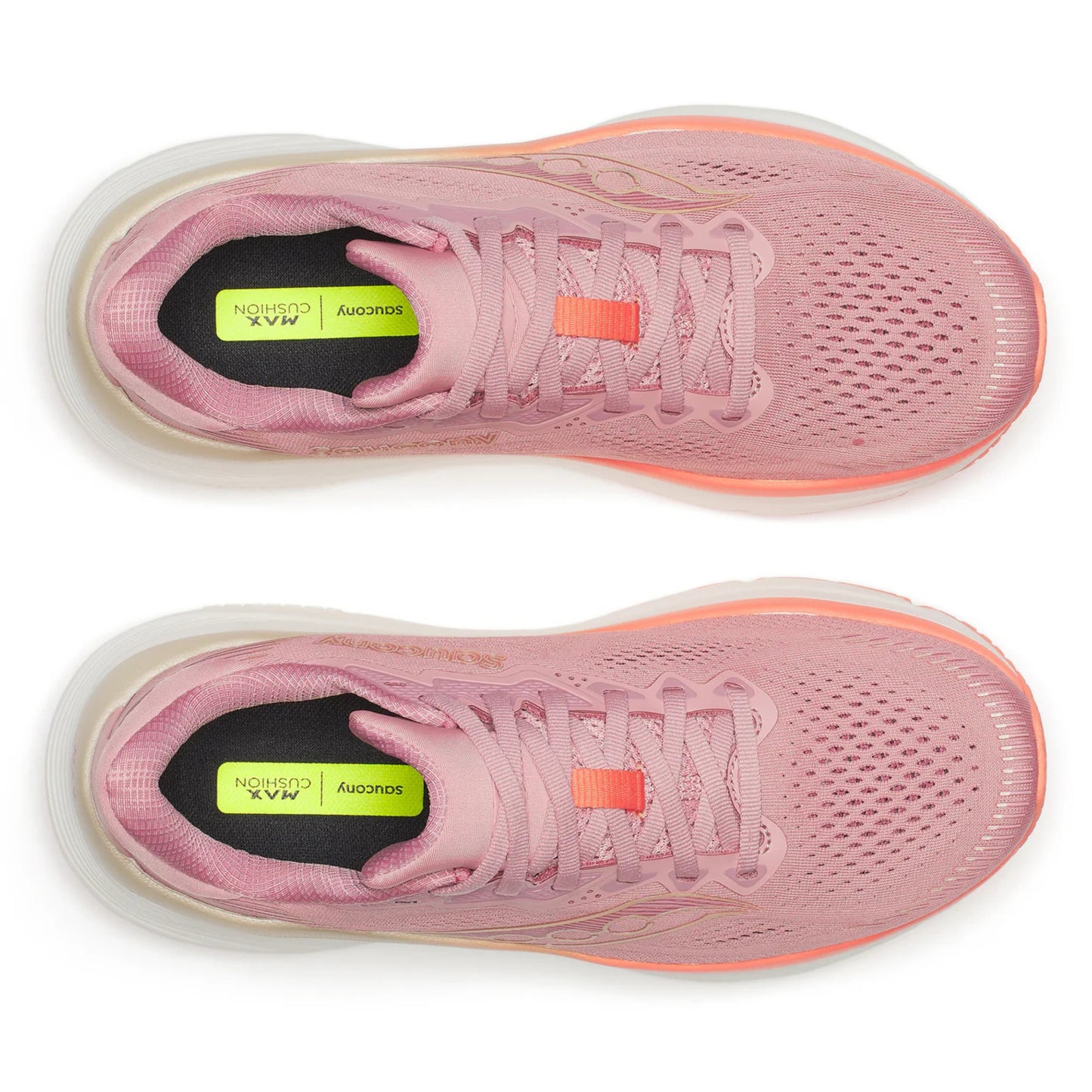 Pink Saucony running shoes with orange accents on a white background