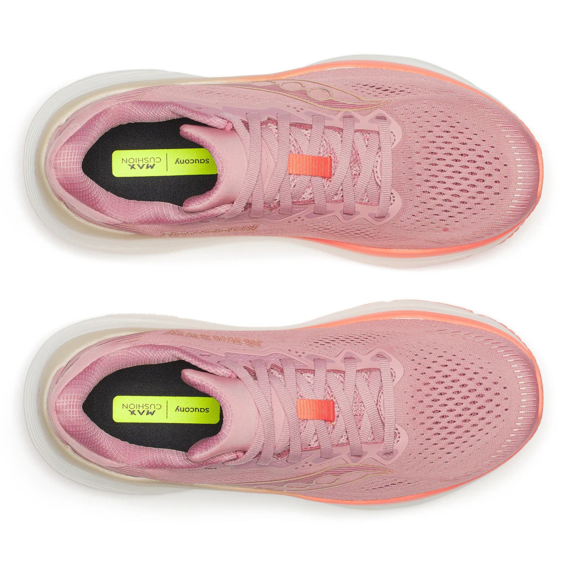 Pink Saucony running shoes with orange accents on a white background