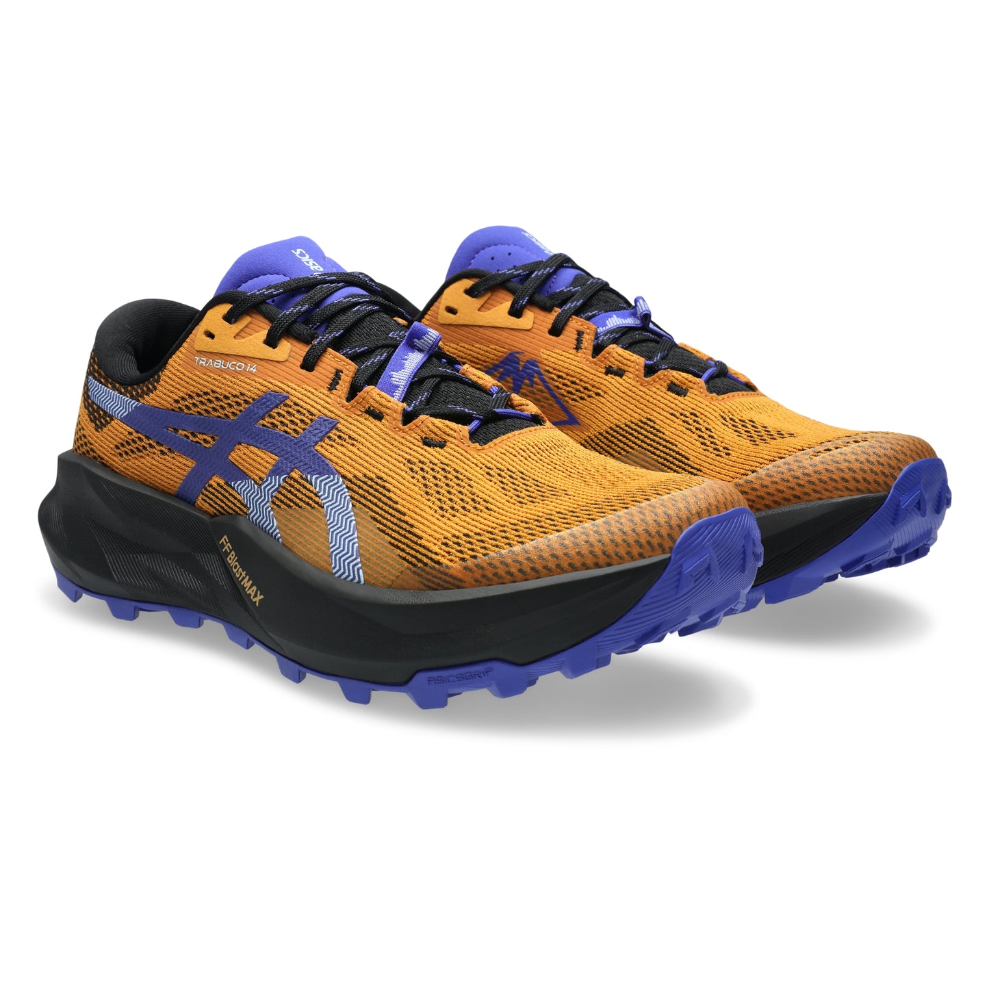 Orange and blue running shoes on a white background