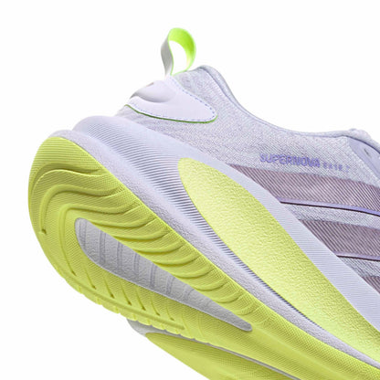 Close-up of a running shoe showing the heel and midsole, featuring a white and light purple upper with a bright neon yellow-green sole and pull tab, on a white background.