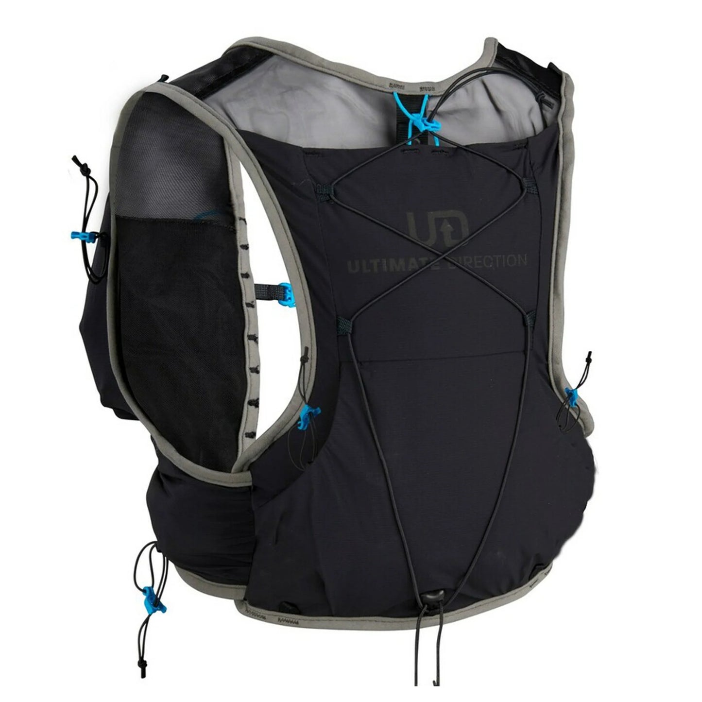 Black and gray hydration vest with Ultimate Direction logo on a white background