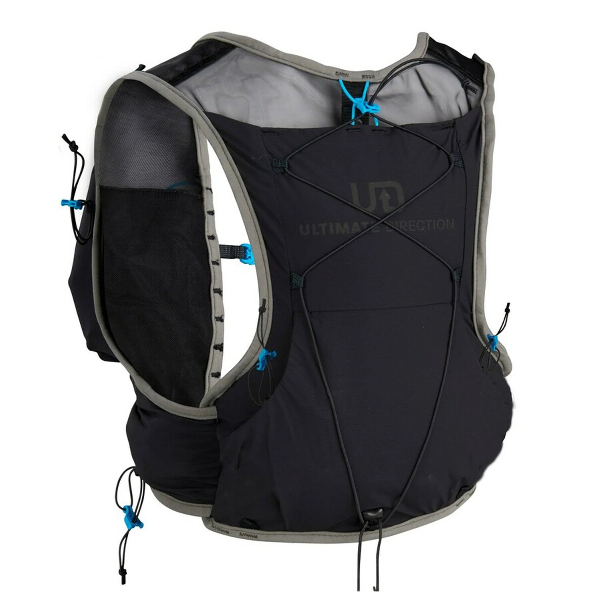 Black and gray hydration vest with Ultimate Direction logo on a white background
