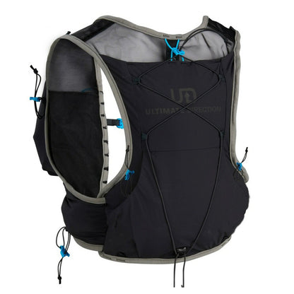 Black and gray hydration vest with Ultimate Direction logo on a white background