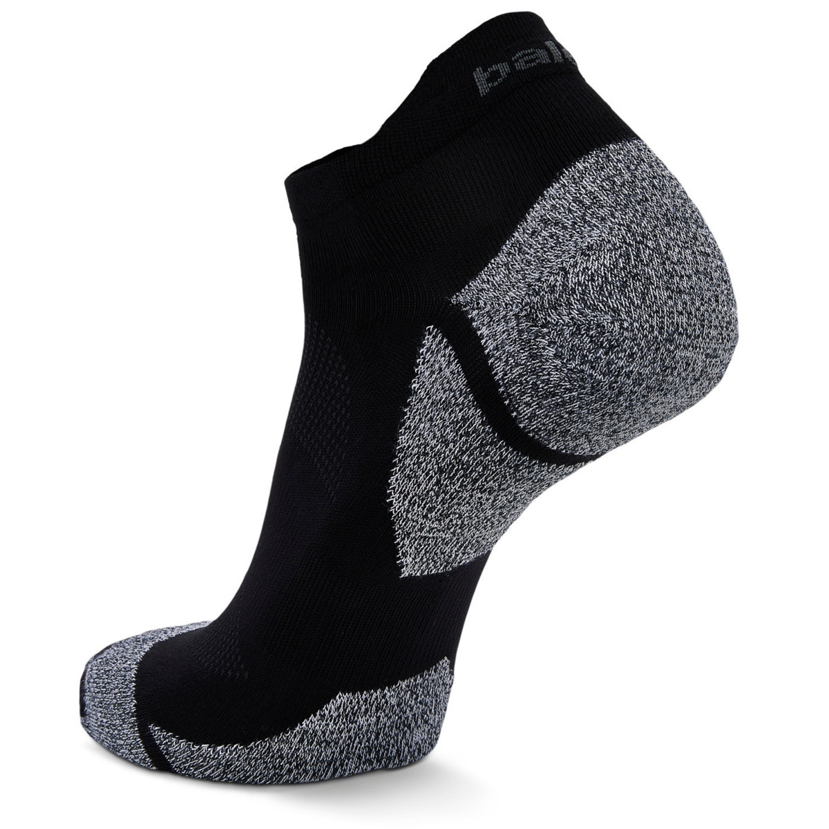 A single low-cut athletic sock in black and heather gray, shown from a three-quarters angle on a white background. The brand name 'palant' is visible on the ribbed ankle cuff.