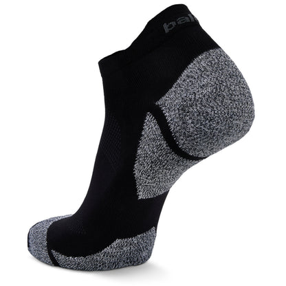 A single low-cut athletic sock in black and heather gray, shown from a three-quarters angle on a white background. The brand name 'palant' is visible on the ribbed ankle cuff.