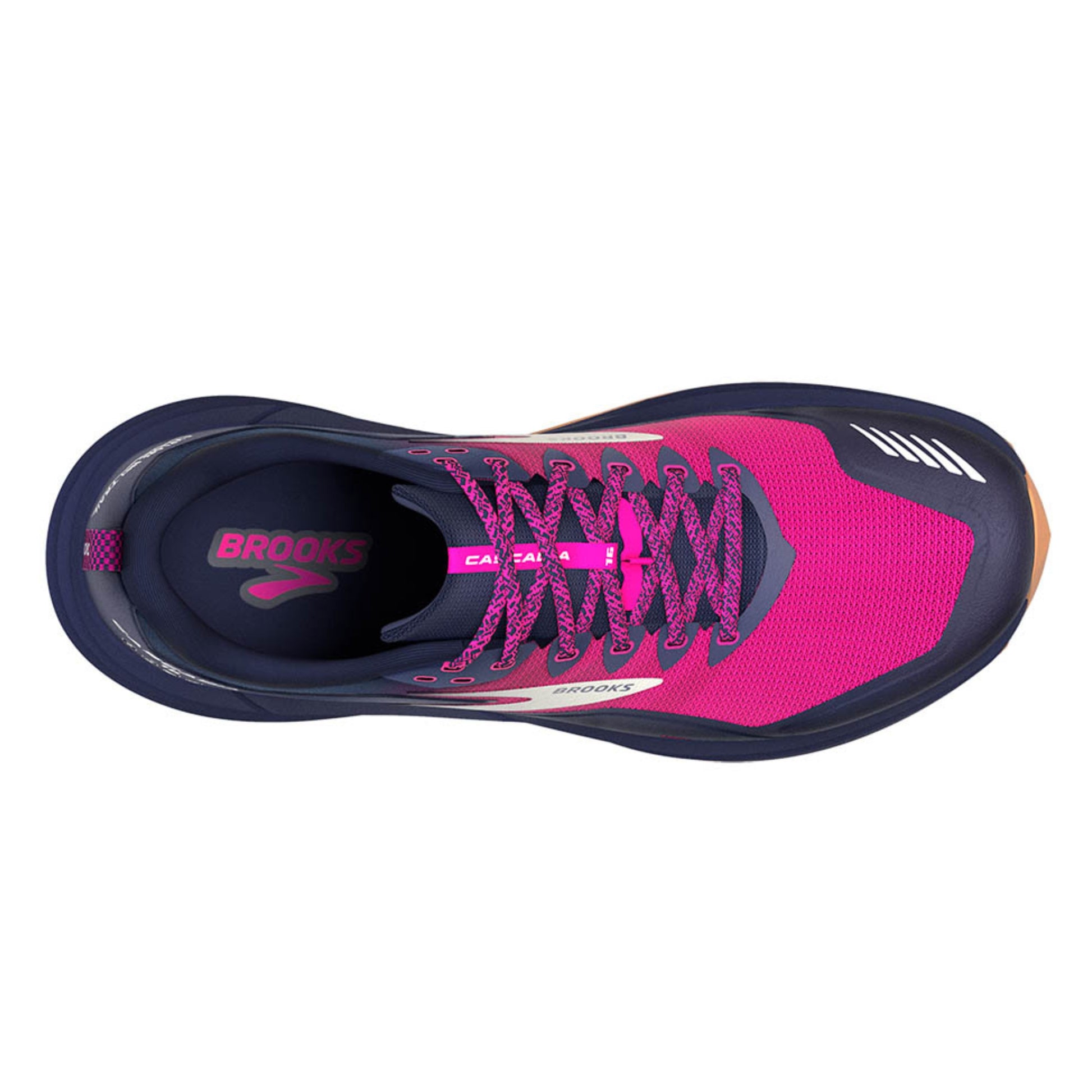 Pink and blue running shoe with 'Brooks' branding on a white background