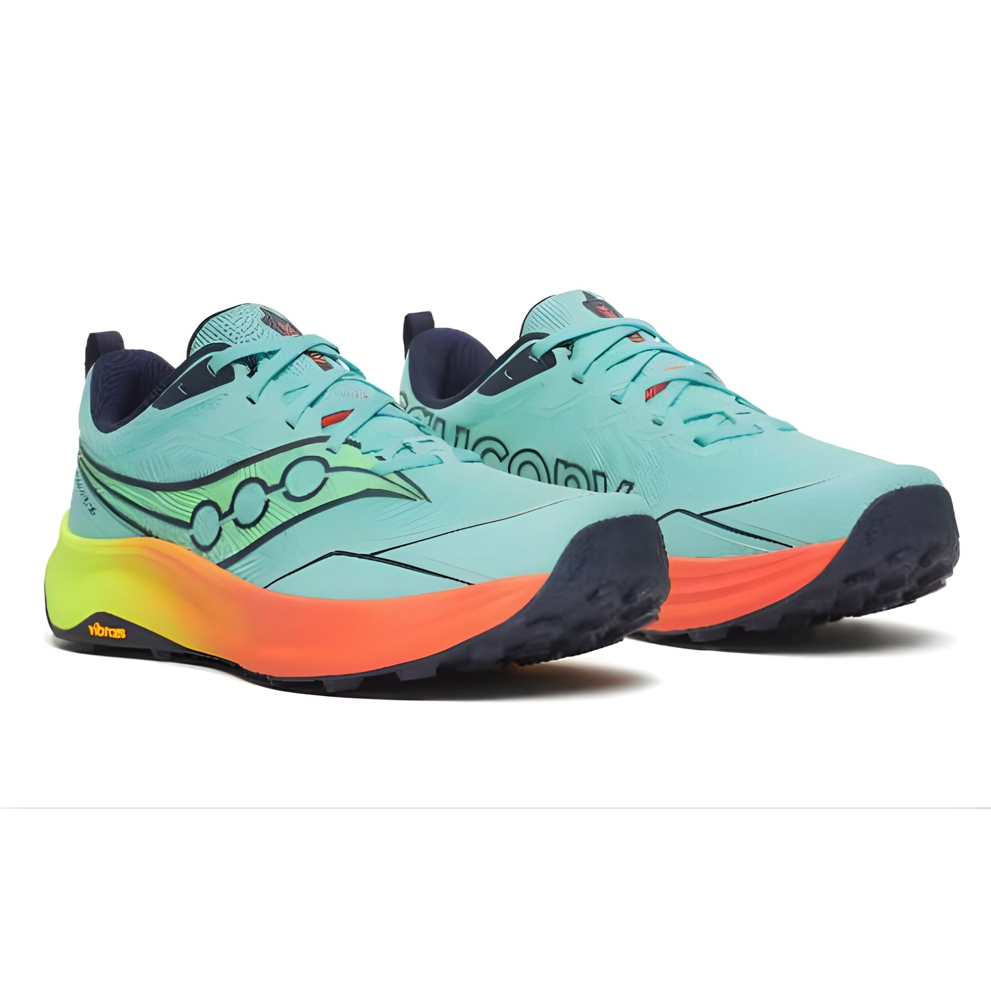 Blue and orange running shoes with a visible brand logo on a white background