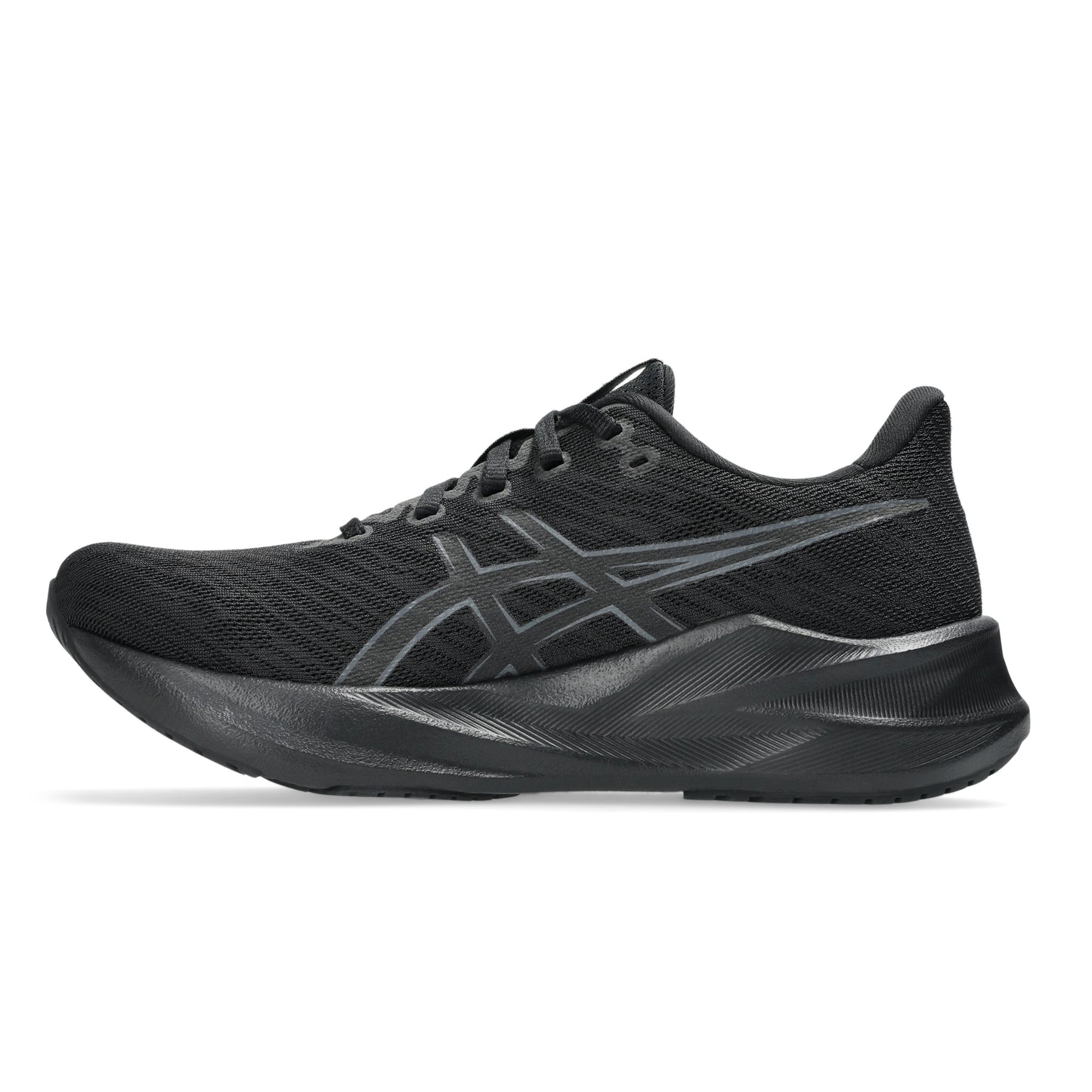 Black Asics running shoe with a prominent brand logo on a white background