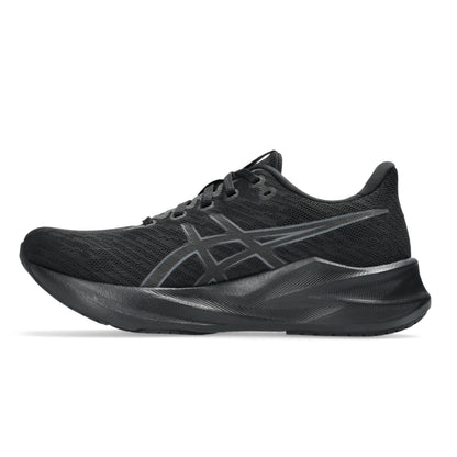 Black Asics running shoe with a prominent brand logo on a white background