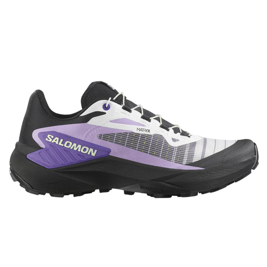 Salomon running shoe with black, white, and purple design on a white background