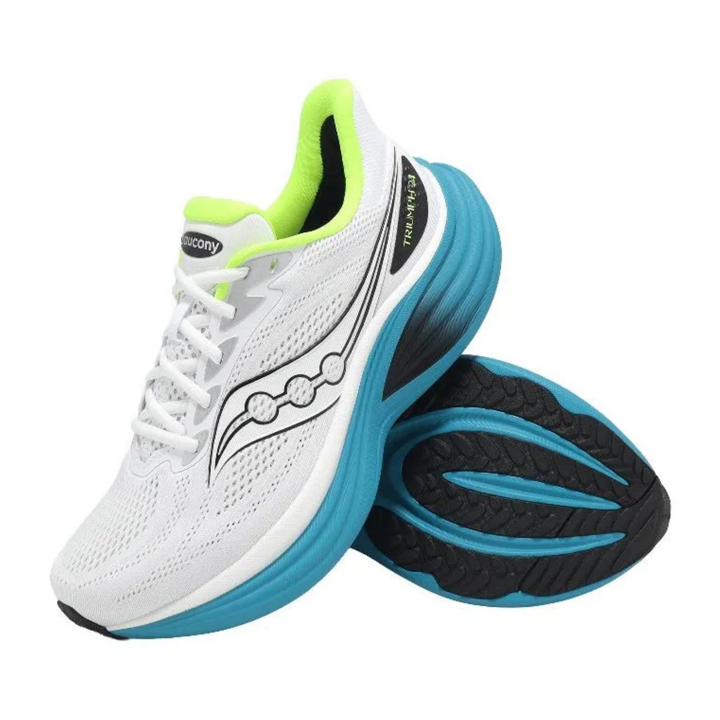White Saucony running shoes with teal soles and green accents on a white background