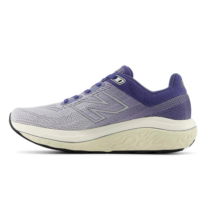 Gray and purple running shoe on a white background