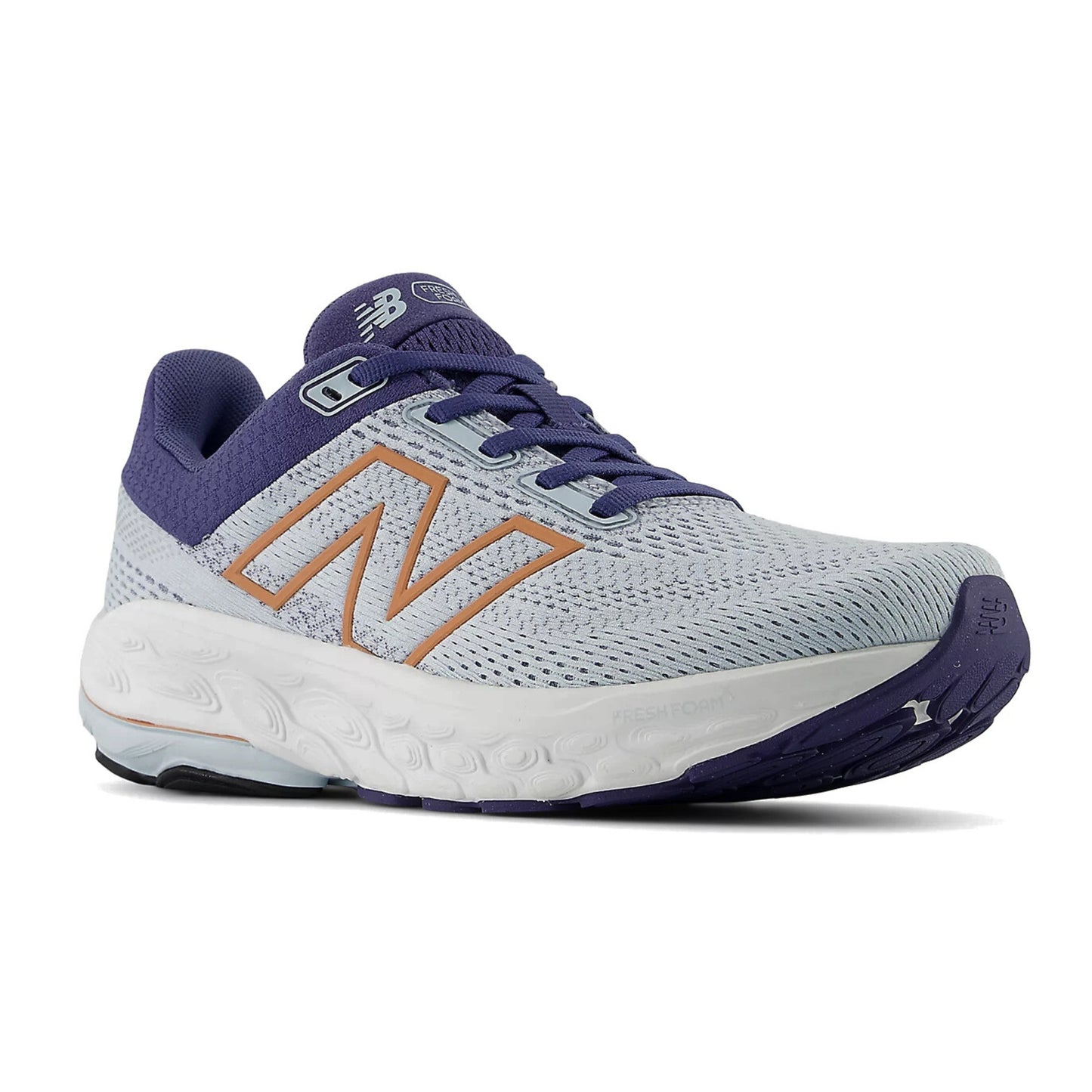 Light blue and purple running shoe with New Balance logo on a white background