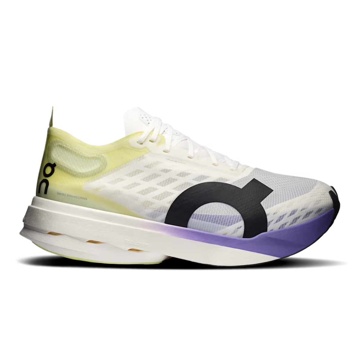 White, yellow and purple On running shoe on a white background