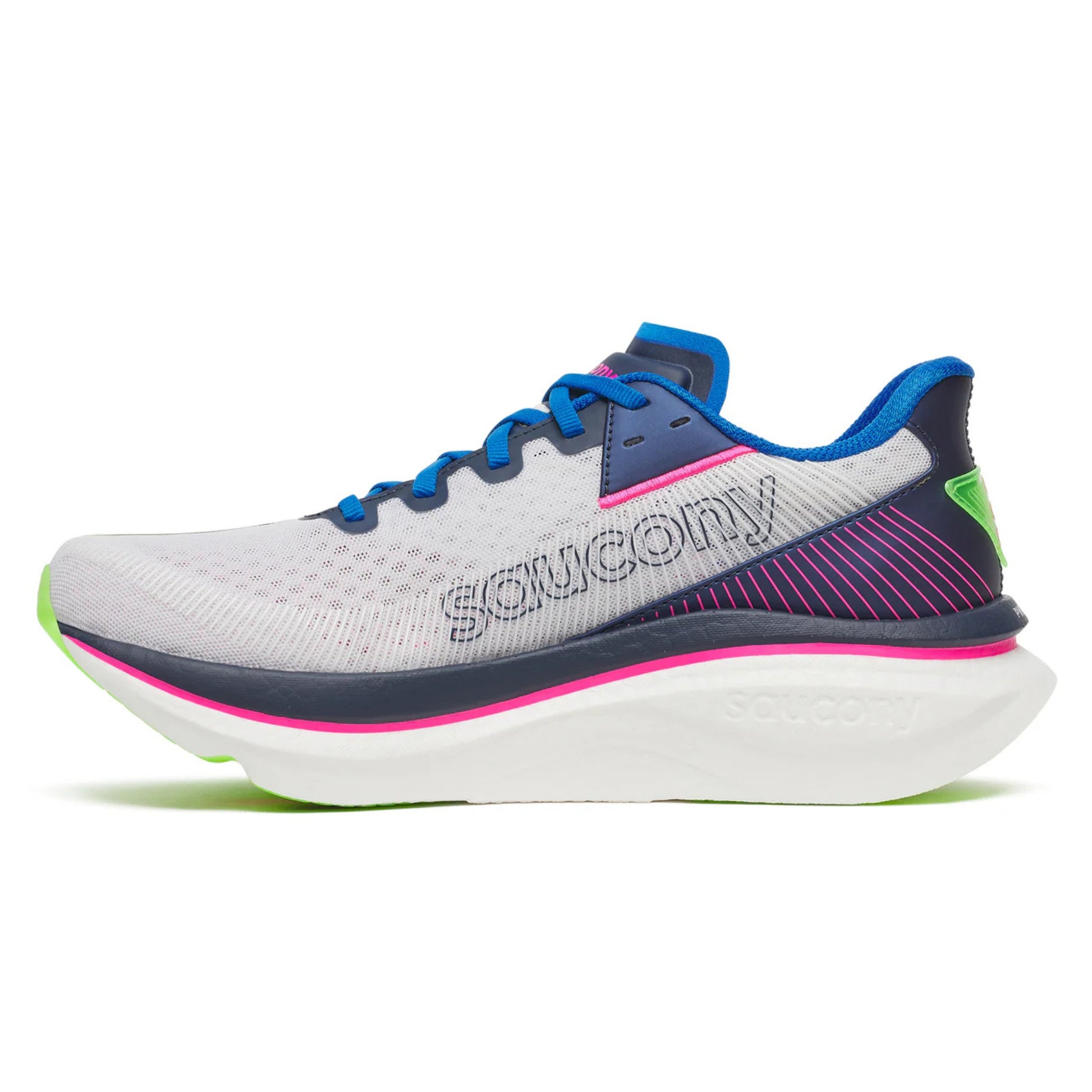 Colourful Saucony running shoe with blue and pink accents on a white background