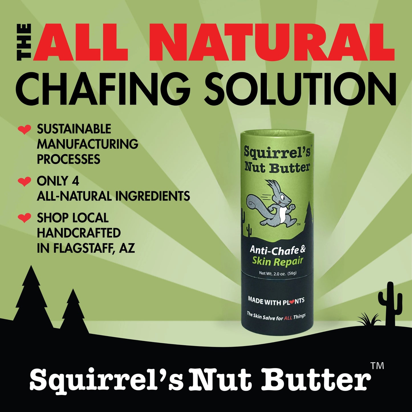 Squirrel's Nut Butter anti-chafe and skin repair product on a green background with text about natural ingredients and sustainable manufacturing.