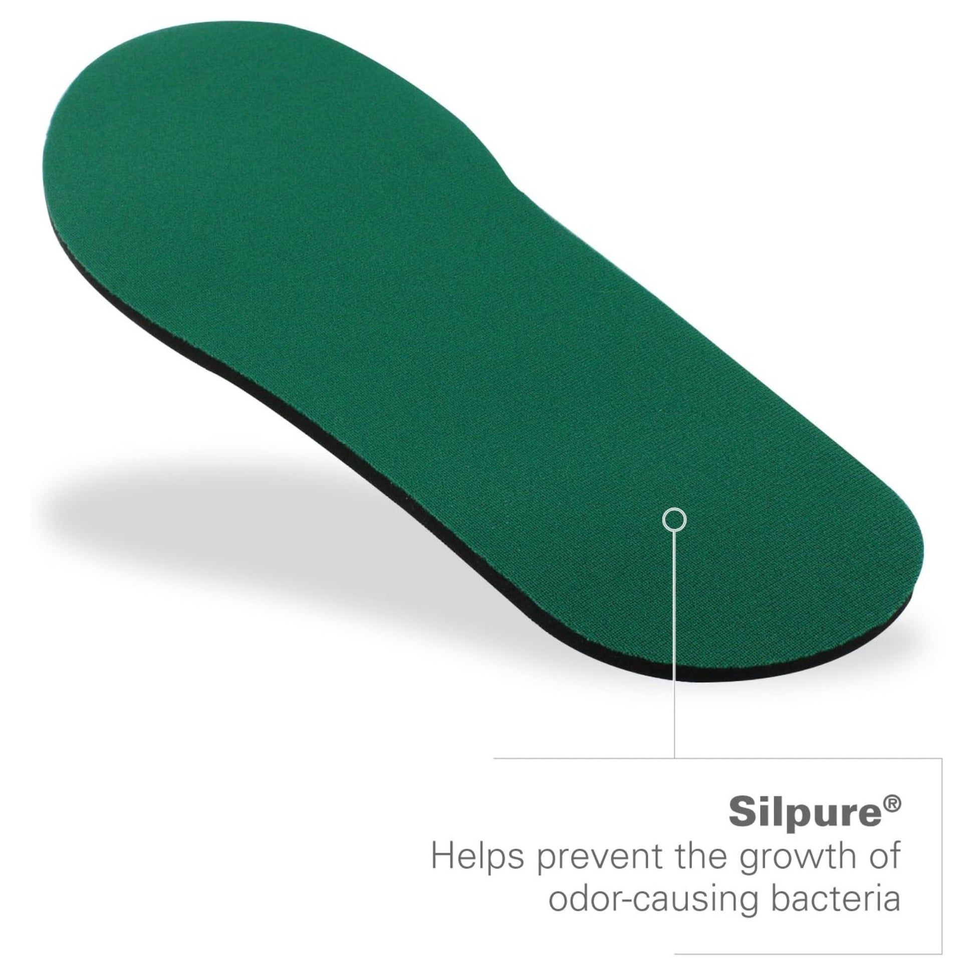 Green shoe insole with Silpure branding on a white background
