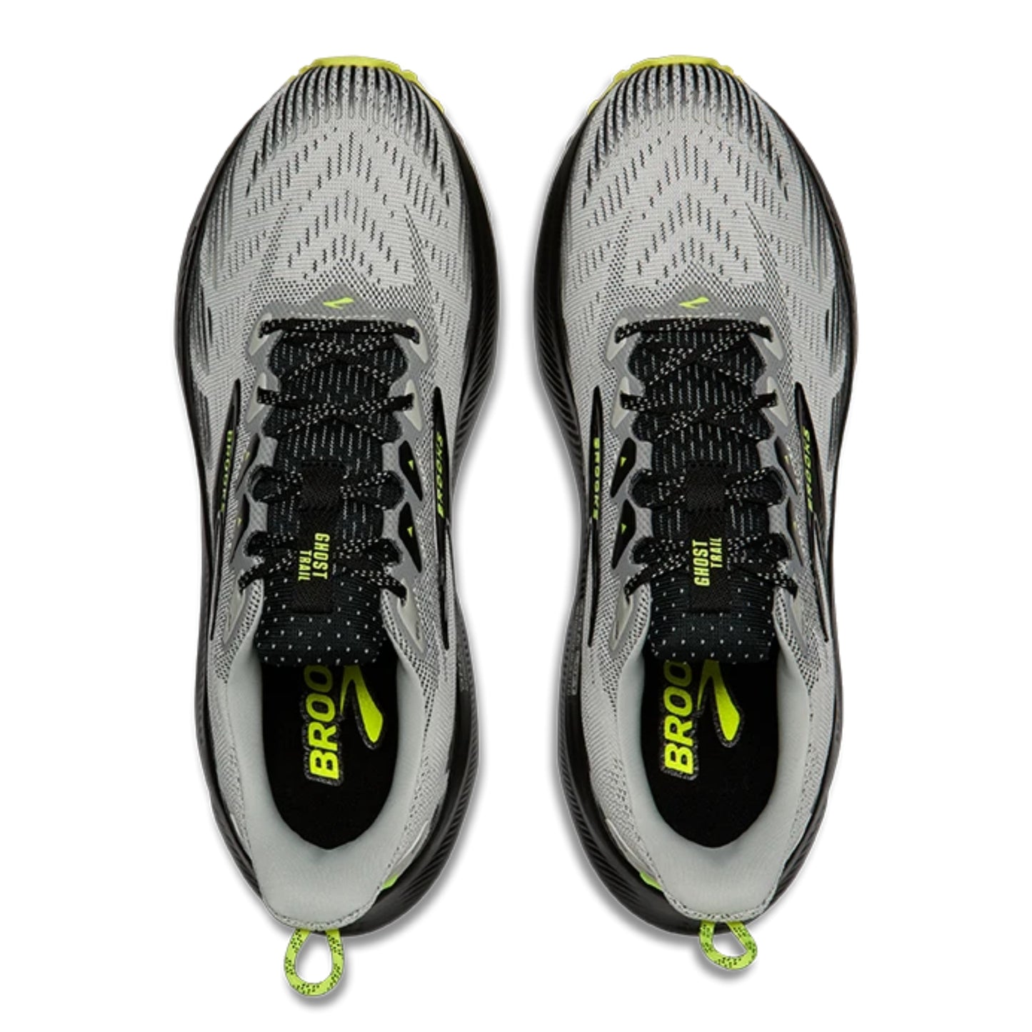 A pair of Brooks Glycerin running shoes shown from a top-down view, featuring a gray and black mesh upper with neon yellow-green accents and branding.