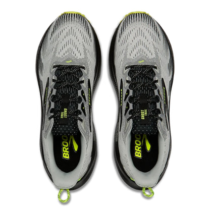 A pair of Brooks Glycerin running shoes shown from a top-down view, featuring a gray and black mesh upper with neon yellow-green accents and branding.