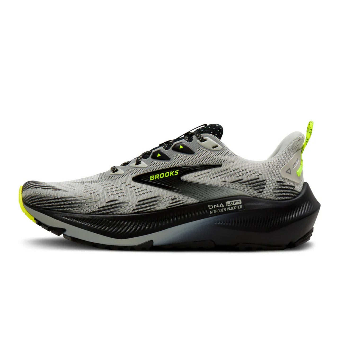 Brooks Glycerin running shoe in gray and black with neon yellow accents, shown in a side profile on a white background.