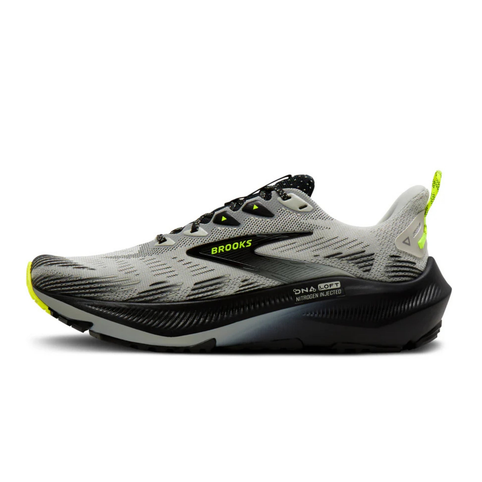 Brooks Glycerin running shoe in gray and black with neon yellow accents, shown in a side profile on a white background.